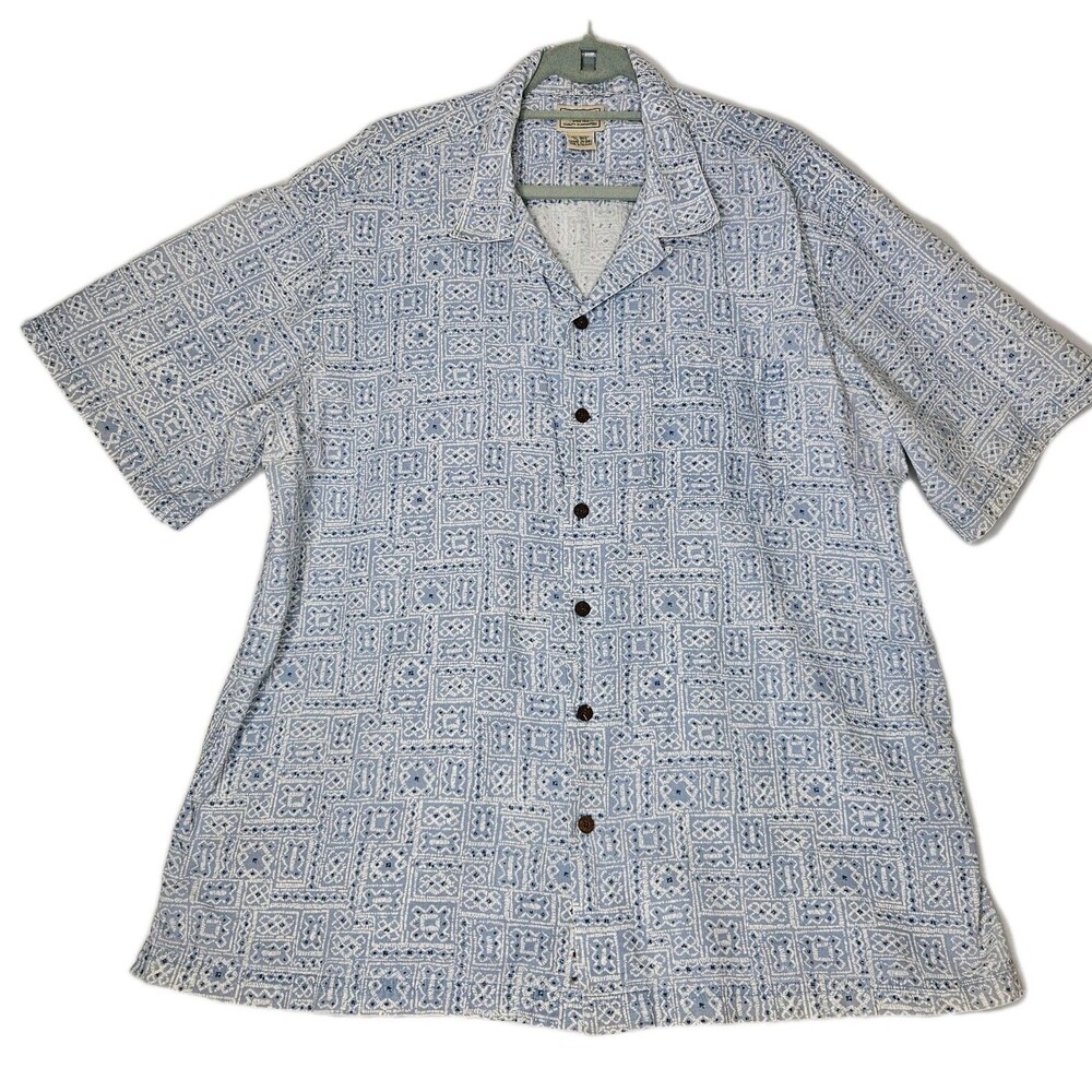 Vintage LL Bean 100% Cotton Hawaiian Aloha Shirt Blue Aztec, Mens XL Regular
